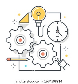 Content management related color line vector icon, illustration. The icon is about time, idea, lamp, project, gear, document. The composition is infinitely scalable.