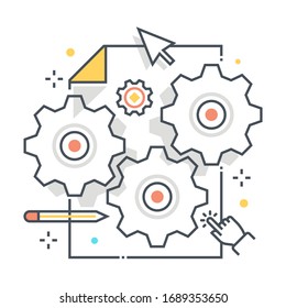 Icono vectorial de línea relacionado con la administración de contenido, ilustración. El icono es sobre cursor, idea, proyecto, engranaje, documento, configuración.