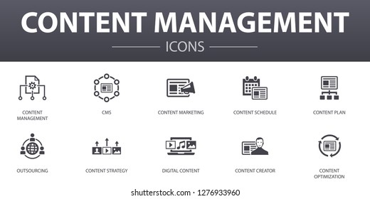 content management simple concept icons set. Contains such icons as CMS,  content marketing, outsourcing, digital content and more, can be used for web, logo, UI/UX