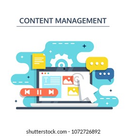 Content Management, SMM and Blogging concept in flat design. Creating, marketing and sharing of digital - vector illustration.