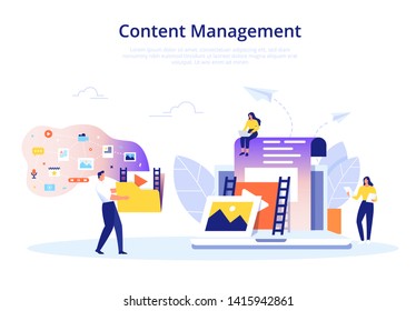 Content Management, SMM And Blogging Concept In Flat Design. Creating, Marketing And Sharing Of Digital - Vector Illustration.