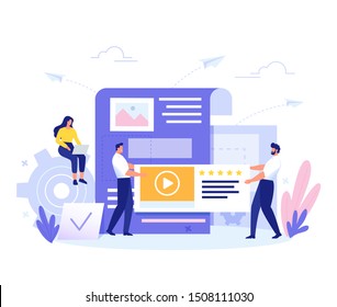 Content Management, SMM and Blogging concept in flat design. Creating, marketing and sharing of digital - vector illustration.