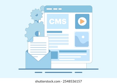 Conceito de administração do sistema de gerenciamento de conteúdo cms. CMS Blogue, blogueiro. Freelancing. Escrita criativa. Escrita de script. Ilustração de vetor de conteúdo para modelo de página inicial da Web, banner, folheto.