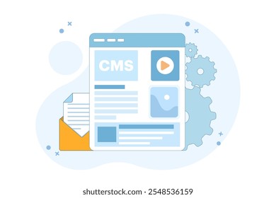 Conceito de administração do sistema de gerenciamento de conteúdo cms. CMS Blogue, blogueiro. Freelancing. Escrita criativa. Escrita de script. Ilustração de vetor de conteúdo para modelo de página inicial da Web, banner, folheto.