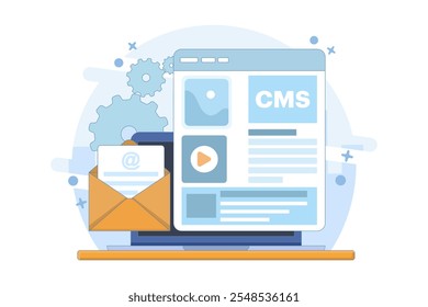 Conceito de administração do sistema de gerenciamento de conteúdo cms. CMS Blogue, blogueiro. Freelancing. Escrita criativa. Escrita de script. Ilustração de vetor de conteúdo para modelo de página inicial da Web, banner, folheto.