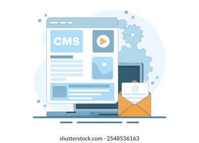 Conceito de administração do sistema de gerenciamento de conteúdo cms. CMS Blogue, blogueiro. Freelancing. Escrita criativa. Escrita de script. Ilustração de vetor de conteúdo para modelo de página inicial da Web, banner, folheto.