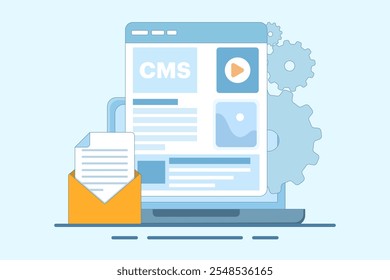 Conceito de administração do sistema de gerenciamento de conteúdo cms. CMS Blogue, blogueiro. Freelancing. Escrita criativa. Escrita de script. Ilustração de vetor de conteúdo para modelo de página inicial da Web, banner, folheto.