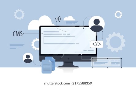 Content management system. Application interface for website owners. Information about visitors and their interests, tool for analysis on Internet. CMS program. Cartoon flat vector illustration