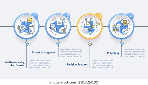 Content management system attributes circle infographic template. Data visualization with 4 steps. Editable timeline info chart. Workflow layout with line icons. Lato-Bold, Regular fonts used