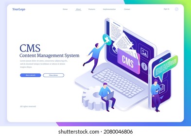 Content management system banner. Concept of development software for social media, update and admin apps. Vector landing page of CMS with isometric people work with computer and mobile phone