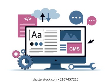 Content management system, CMS. Modern technologies and website promotion on Internet. Application for analyzing statistics and user behavior. Online marketing. Cartoon flat vector illustration