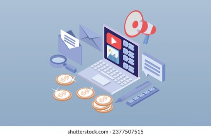 Content management system concept.on blue background.3D design.isometric vector design Illustration.