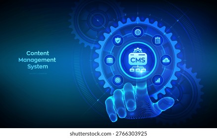 Content Management System concept. CMS. Website and document management, web development. Data integration. Hand touching digital interface with interconnected gears and icons. Vector illustration.