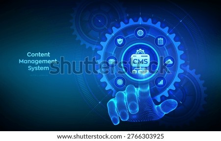 Content Management System concept. CMS. Website and document management, web development. Data integration. Hand touching digital interface with interconnected gears and icons. Vector illustration.