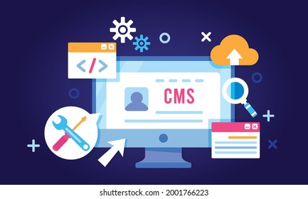 Content management system concept design or CMS concept design. Technology, communication, flat vector illustration.