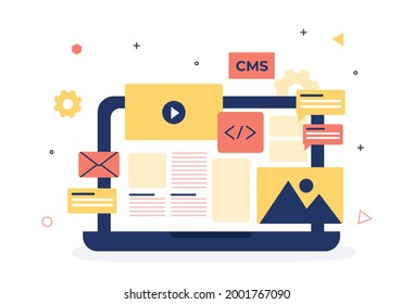 Konzeption des Content Management Systems oder CMS Concept Design. Technologie, Kommunikation, flache Vektorgrafik.