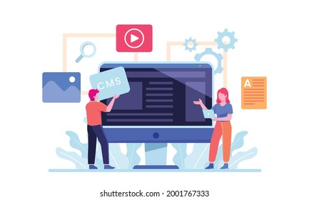 Content management system concept design or CMS concept design. Technology, communication, flat vector illustration.