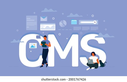 Diseño de concepto de sistema de gestión de contenido o diseño de concepto de CMS. Tecnología, comunicación, ilustración plana vectorial.