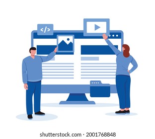 Konzeption des Content Management Systems oder CMS Concept Design. Technologie, Kommunikation, flache Vektorgrafik.