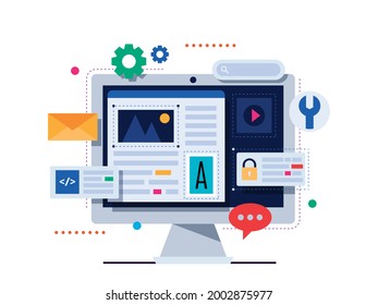 Content management system concept design or CMS concept design. Video, images and text content. Technology, communication, flat vector illustration.