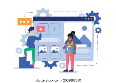 Content management system concept design or CMS concept design. Video, images and text content. Technology, communication, flat vector illustration.