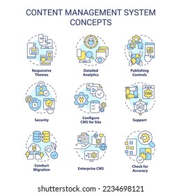 Icons für das Content Management System gesetzt. CMS-Aspekte. Website-Plattform. Data Migration Idee dünne Linien Illustrationen. Isolierte Symbole. Bearbeitbarer Strich. Verwendung von Roboter-Medium, Myriad Pro-Fett-Schriftarten