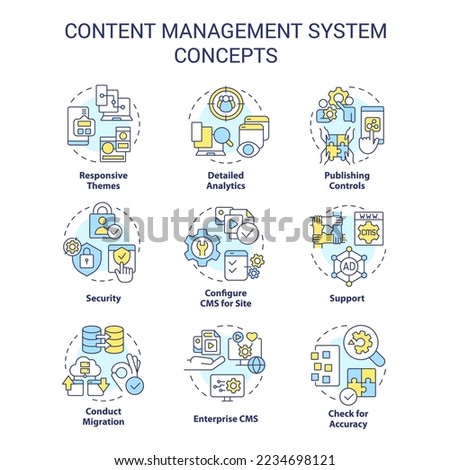 Content management system concept icons set. CMS aspects. Site platform. Data migration idea thin line color illustrations. Isolated symbols. Editable stroke. Roboto-Medium, Myriad Pro-Bold fonts used