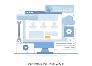 Content management system concept, website CMS, CMS development. Software used to create, manage and publish digital content. Vector illustration with icons on the background.