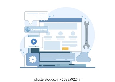 Content management system concept, website CMS, CMS development. Software used to create, manage and publish digital content. Vector illustration with icons on the background.