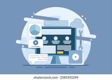 Content management system concept, website CMS, CMS development. Software used to create, manage and publish digital content. Vector illustration with icons on the background.