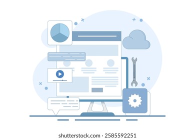 Content management system concept, website CMS, CMS development. Software used to create, manage and publish digital content. Vector illustration with icons on the background.