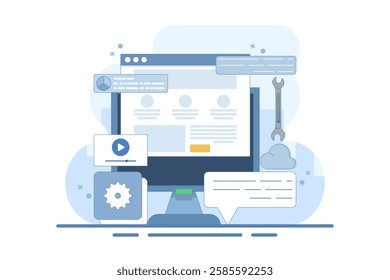 Content management system concept, website CMS, CMS development. Software used to create, manage and publish digital content. Vector illustration with icons on the background.