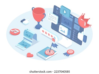 Content management system. High quality content creating. Video, image, text content for social media. Website marketing. Vector illustration in 3d design. Isometric web banner.	
