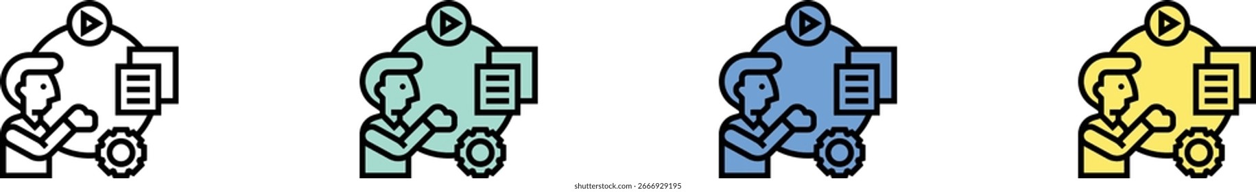 Inhaltsmanagementsystem-Symbol. Kontur, Design im grünen, blauen und gelben Stil einzeln auf weißem Hintergrund