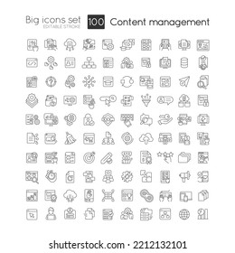 Content Management System Linear Icons Set. Digital Experience. Social Media. Customizable Thin Line Symbols. Isolated Vector Outline Illustrations. Editable Stroke. Quicksand-Light Font Used