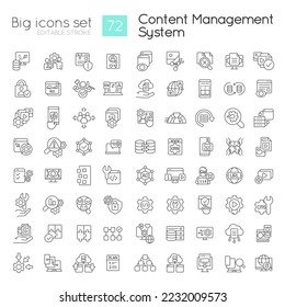 Content management system linear icons set. CMS features. Digital platform. Customizable thin line symbols. Isolated vector outline illustrations. Editable stroke. Quicksand-Light font used