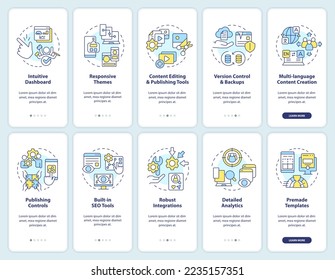 Content management system onboarding mobile app screen set. Walkthrough 5 steps editable graphic instructions with linear concepts. UI, UX, GUI template. Myriad Pro-Bold, Regular fonts used