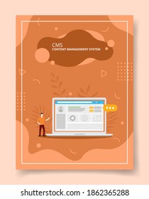 Content-Management-System-Leute, die in der Nähe Laptop für Vorlage von Bannern, Flyer, Bücherbezug, Magazine mit flüssigem Stil stehen