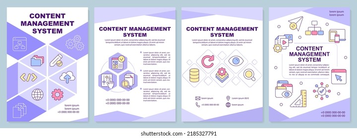 Content management system purple brochure template. Leaflet design with linear icons. Editable 4 vector layouts for presentation, annual reports. Arial-Black, Myriad Pro-Regular fonts used