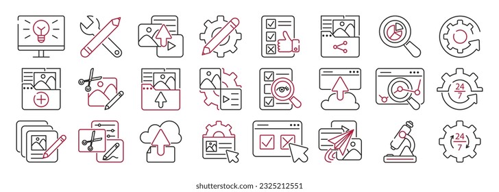 Content Management System set icons. Stages of publishing content using CMS. Creation, publishing content, blog promotion, database administration, seo optimization, analysis, setting, support