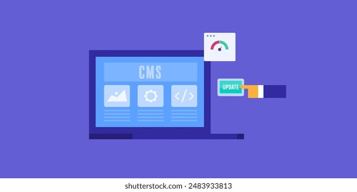 Content management system. Updating content with CMS software, Website, blog using CMS application - vector illustration background with icons