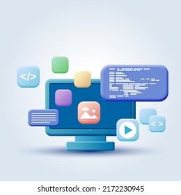 Content management system, web application development, website interface design cartoon style vector concept illustration