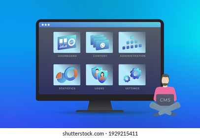 Content management system - Web site management software CMS concept. Edit design, user and configuration settings, create and publish articles, administration, statistics. Vector illustration