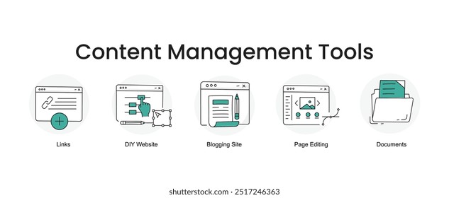 Herramientas de gestión de contenidos. Iconos incluidos: Sitio de blogueo, Documentos, Edición de páginas, Sitio web de bricolaje, Enlaces