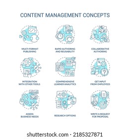 Content Management Turquoise Concept Icons Set. LMS, CMS Functionalities Idea Thin Line Color Illustrations. Ecommerce. Isolated Symbols. Editable Stroke. Roboto-Medium, Myriad Pro-Bold Fonts Used