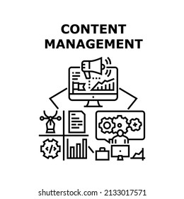 Content Management Vector Icon Concept. Content Management System Business Process, Online Advertising And Creation Promotion. Manager Working At Computer In Internet Black Illustration