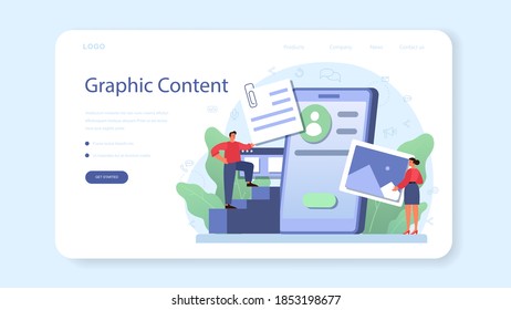 Banner web de administración de contenido o página de inicio. Idea de estrategia digital y contenido para la creación de redes sociales. Comunicación con clientes en medios sociales. Ilustración plana aislada