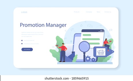 Banner web de administración de contenido o página de inicio. Idea de estrategia digital y contenido para la creación de redes sociales. Comunicación con clientes en medios sociales. Ilustración plana aislada