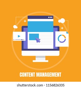 Content Management, Website CMS, Website Content On Computer Screen - Flat Design Vector