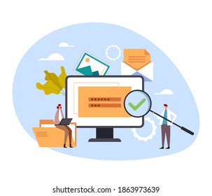 Concepto de inicio de sesión y optimización de contraseñas del sitio web de administración de contenido. Ilustración de diseño gráfico de dibujos animados planos vectoriales